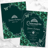 Quinceanera Floral Emerald Green Silver Einladung