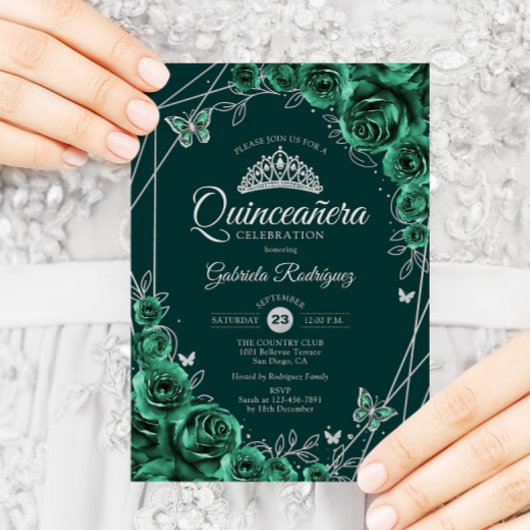 Quinceanera Floral Emerald Green Silver Einladung