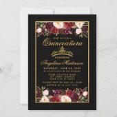Quinceanera Floral Foto Gold Rahmen Kronenschwarz Einladung (Vorderseite)