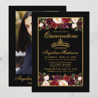 Quinceanera Floral Foto Gold Rahmen Kronenschwarz Einladung