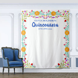 Quinceanera Floral Foto Stand Hintergrund Blau Wei Wandteppich
