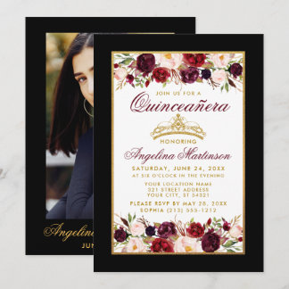 Quinceanera Floral Gold Crown Foto Black Einladung