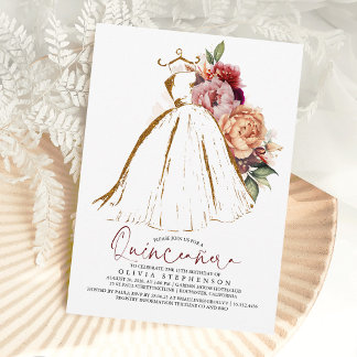 Quinceañera Floral Gold Dress 15. Geburtstag Einladung