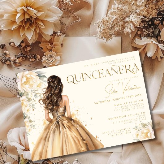 Quinceañera Floral Gold Dress Champagne Gown Einladung