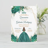 Quinceanera Floral Green Gold Invitation Einladung (Stehend Vorderseite)