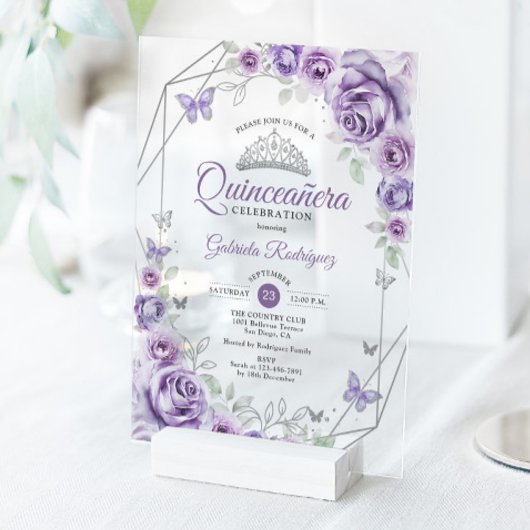 Quinceanera Floral Lilac Purple Silver Acryleinladungen