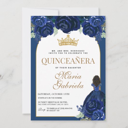 Quinceanera Floral Navy Blue Gold Mis Quince Anos Einladung (Vorderseite)