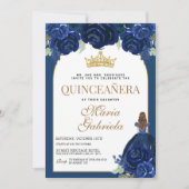 Quinceanera Floral Navy Blue Gold Mis Quince Anos Einladung (Vorderseite)