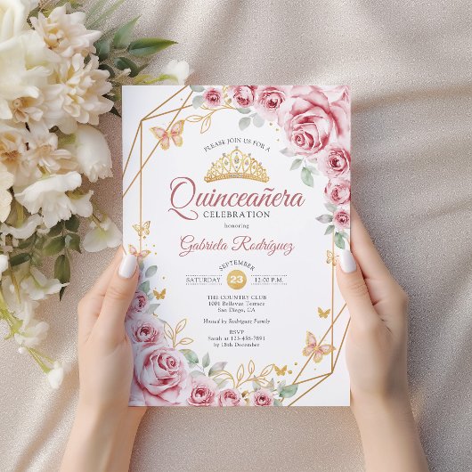 Quinceanera Floral Pink Gold Einladung