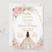 Quinceanera Floral Pink Gold Invitation Einladung (Vorderseite)