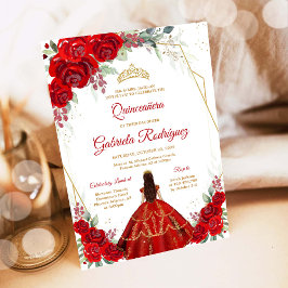 Quinceanera Floral Red Gold Invitation Einladung