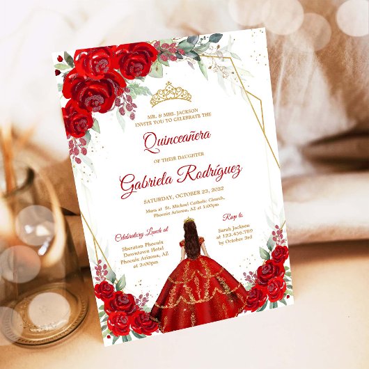Quinceanera Floral Red Gold Invitation Einladung
