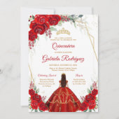 Quinceanera Floral Red Gold Invitation Einladung (Vorderseite)