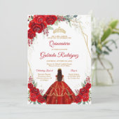 Quinceanera Floral Red Gold Invitation Einladung (Stehend Vorderseite)