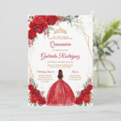 Quinceanera Floral Red Rose Gold Invitation Einladung (Stehend Vorderseite)