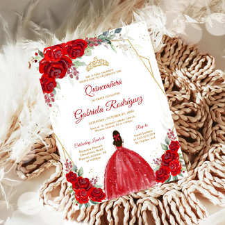 Quinceanera Floral Red Rose Gold Invitation Einladung