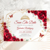 Quinceanera Floral Red Roses Gold Save The Date