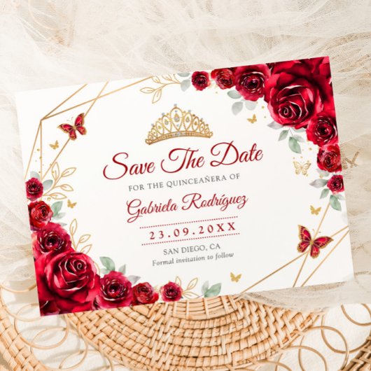 Quinceanera Floral Red Roses Gold Save The Date