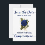Quinceanera Floral Royal Blue Rose Save The Date<br><div class="desc">Save the Date Karte für Ihre Quinceanera Feier. Dieses Design hat eine Rose corsage in königsblau und gold auf einem weißen Hintergrund. Save the Date und Quinceanera werden in handgeschriebenen Skripten geschrieben, während Ihr wichtiges Datum und Ihr Name in Großbuchstaben gedruckt werden können. Die Rückseite der Karte hat eine zarte...</div>