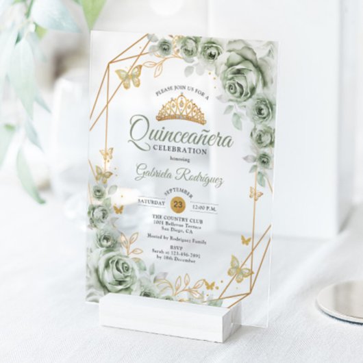 Quinceanera Floral Sage Green Gold Acryleinladungen