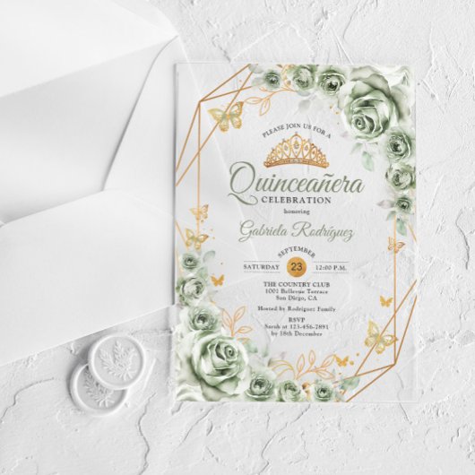 Quinceanera Floral Sage Green Gold Acryleinladungen