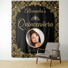 Quinceanera Foto Black Gold Damask Tiara Geburtsta Wandteppich