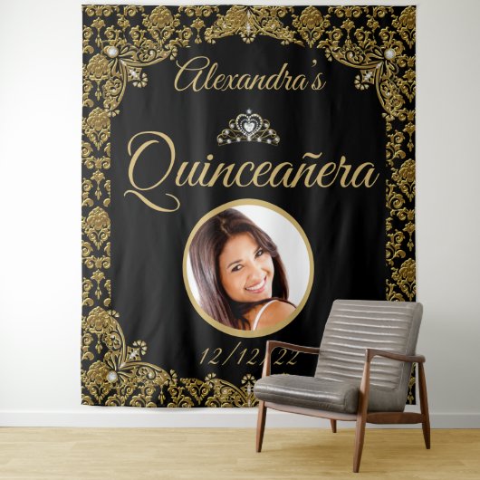 Quinceanera Foto Black Gold Damask Tiara Geburtsta Wandteppich (Beispiel)