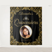 Quinceanera Foto Black Gold Damask Tiara Geburtsta Wandteppich (Vorderseite)
