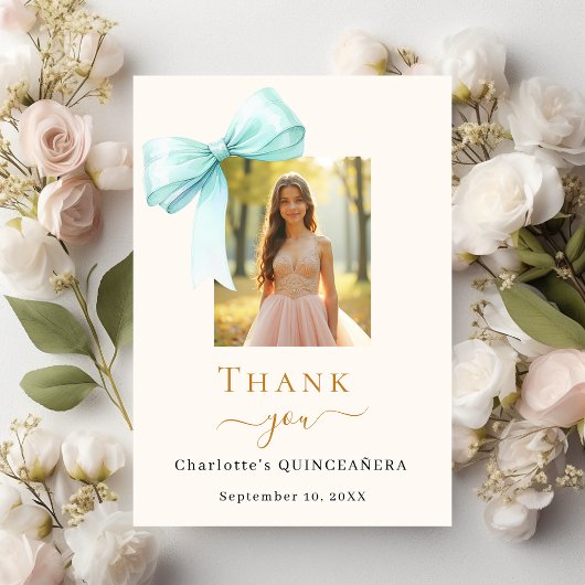 Quinceanera-Foto-Bug aquamarine Creme Dankeskarte