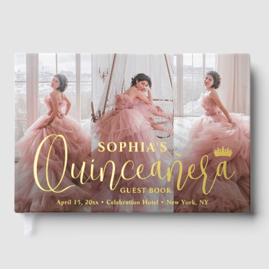 Quinceañera Foto Collage Modernes Skript Keepake Gästebuch (Vorderseite)