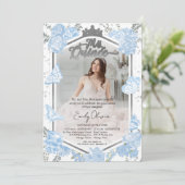 Quinceanera Foto Einladung Dusty Blue Butterfly (Stehend Vorderseite)