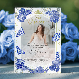 Quinceanera Foto Einladung Royal Blue Floral Gol