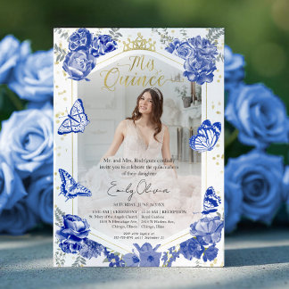 Quinceanera Foto Einladung Royal Blue Floral Gol