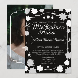 Quinceanera-Foto Floral Gold Silber Rose Glam Einladung