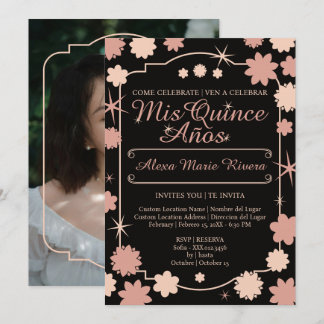 Quinceanera-Foto Floral Gold Silber Rose Glam Einladung