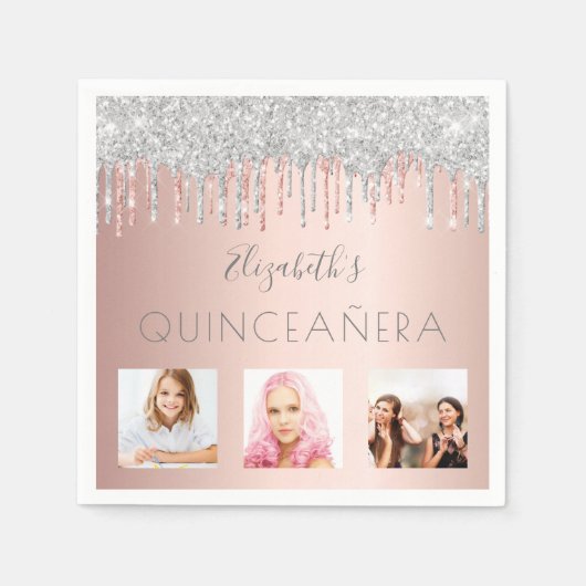 Quinceanera Foto Glitzer Rosa Rose Gold Serviette (Vorderseite)