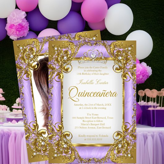 Quinceanera Foto Lila White Golden Pearl Tiara Einladung