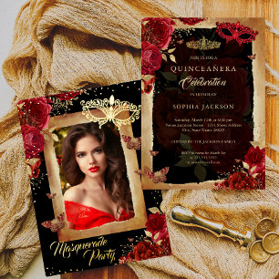 Quinceanera Foto-Maskenball-Party Rot Rose Gold Folieneinladung