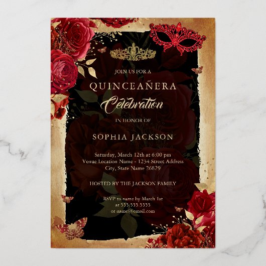Quinceanera Foto Masquerade Party Rote Rose Gold Folieneinladung (Rückseite)