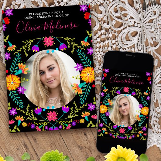 Quinceanera Foto Mexican Fiesta Floral Black Einladung