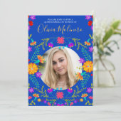 Quinceanera Foto Mexican Fiesta Floral Royal Blue Einladung (Stehend Vorderseite)