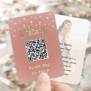 Quinceañera-Foto QR RSVP Rose Gold-Krone Scanne mi Begleitkarte