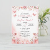 Quinceañera Foto Rosa Rosa Rosa Blütenblume Einladung (Stehend Vorderseite)