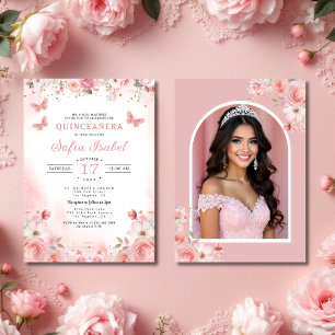 Quinceañera Foto Rosa Rosa Rosa Blütenblume Einladung