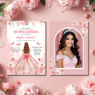 Quinceañera Foto Rosa Rosa Rosa Blütenblume Einladung