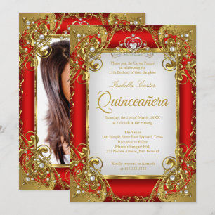 Quinceanera Foto Rotgoldene Perlen Tiara Party Einladung