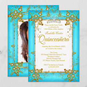 Quinceanera-Foto Teal Blau Gold Diamant Tiara Einladung