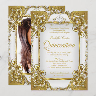 Quinceanera Foto White Golden Pearl Tiara Party Einladung