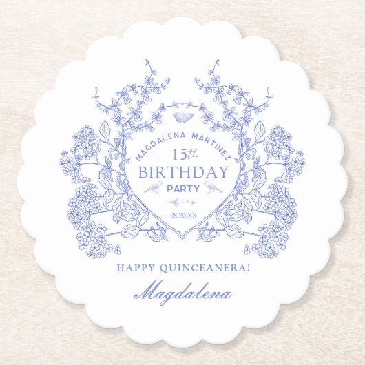 Quinceanera French Blue Floral Wappen Custom Untersetzer (Vorderseite)