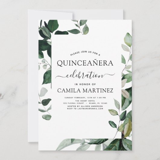 Quinceanera Frühling Botanische Grüne Einladung (Vorderseite)